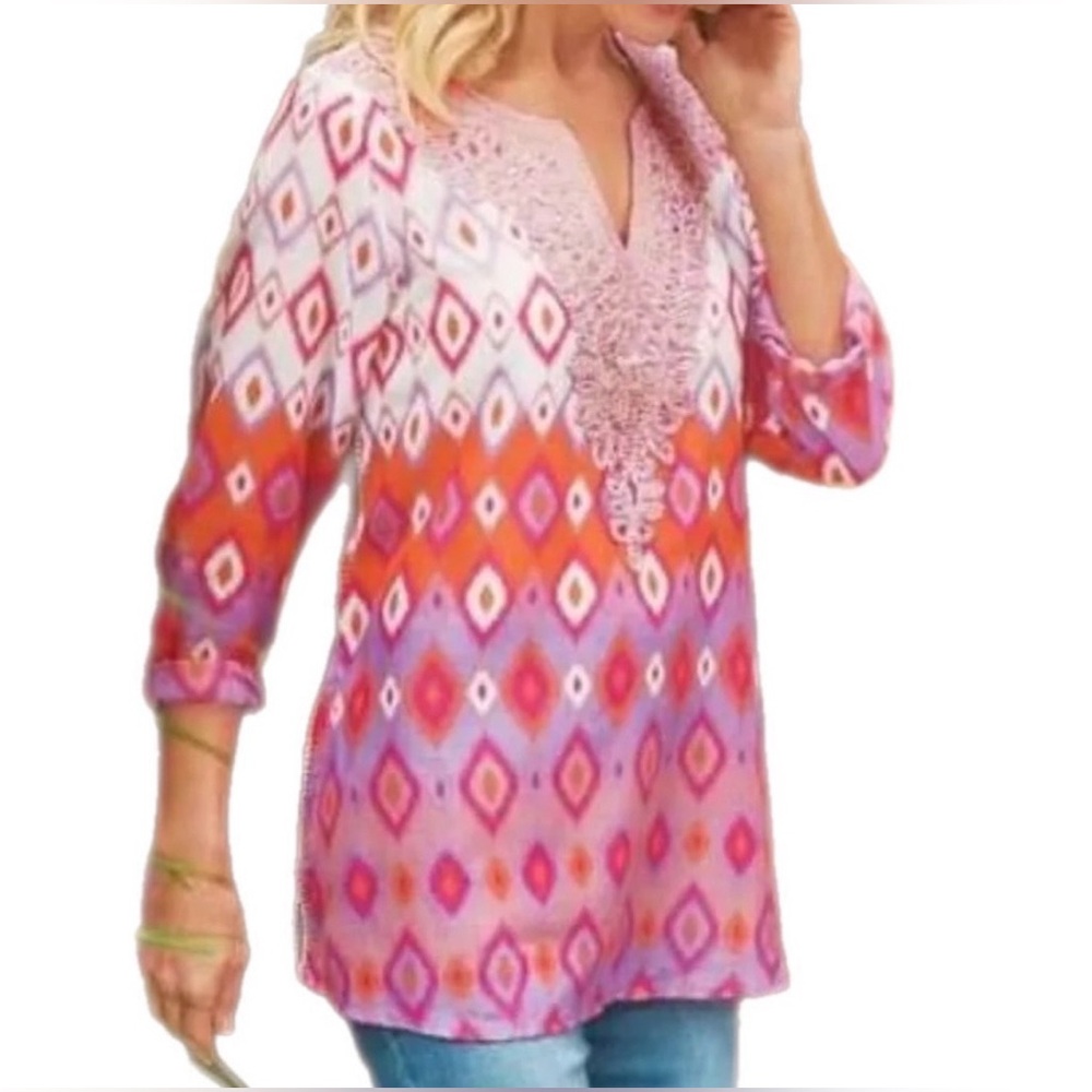Sz XL Soft Surroundings Cinnabar Pink Ikat Tunic Shirt or Swim Coverup
